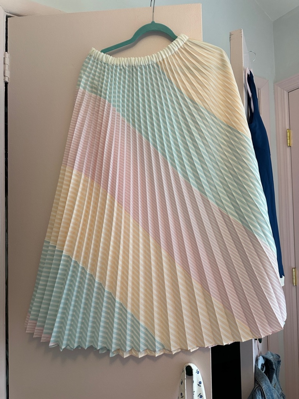Petersyn Pleated Diagonal Stripe Midi Skirt in Pastel Pink, Mint & Cream